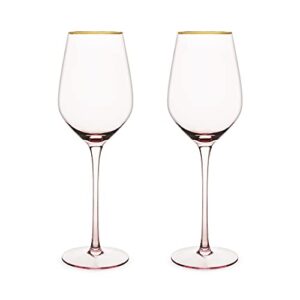 Twine Rose White Wine Glasses, Gold Rimmed Pink Tinted Crystal Wine Glass Set, Stemmed Wine Glasses, Set of 2, 14 Ounces