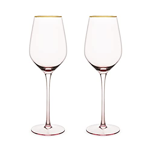 Twine Rose White Wine Glasses, Gold Rimmed Pink Tinted Crystal Wine Glass Set, Stemmed Wine Glasses, Set of 2, 14 Ounces