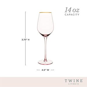 Twine Rose White Wine Glasses, Gold Rimmed Pink Tinted Crystal Wine Glass Set, Stemmed Wine Glasses, Set of 2, 14 Ounces