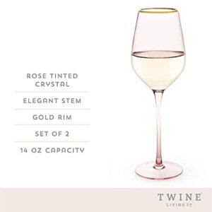 Twine Rose White Wine Glasses, Gold Rimmed Pink Tinted Crystal Wine Glass Set, Stemmed Wine Glasses, Set of 2, 14 Ounces