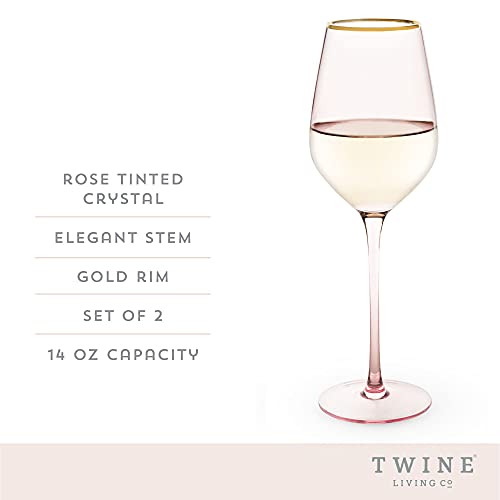 Twine Rose White Wine Glasses, Gold Rimmed Pink Tinted Crystal Wine Glass Set, Stemmed Wine Glasses, Set of 2, 14 Ounces