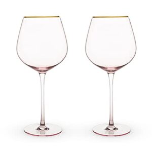 TWINE Rose Red Wine Glasses, Gold Rimmed Pink Tinted Crystal Wine Glass Set, Stemmed Wine Glasses, Set of 2, 20 Ounces