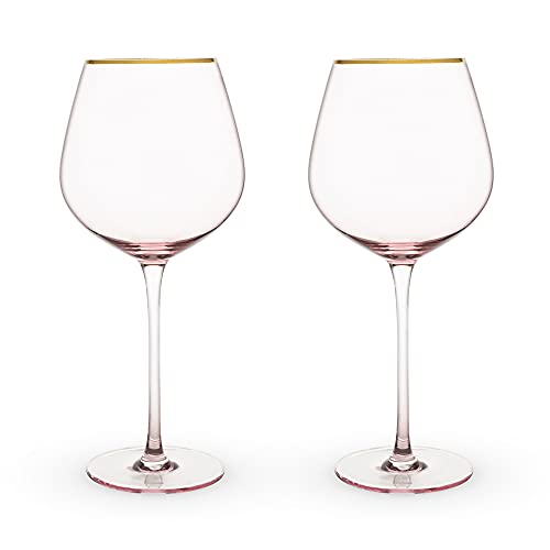 TWINE Rose Red Wine Glasses, Gold Rimmed Pink Tinted Crystal Wine Glass Set, Stemmed Wine Glasses, Set of 2, 20 Ounces