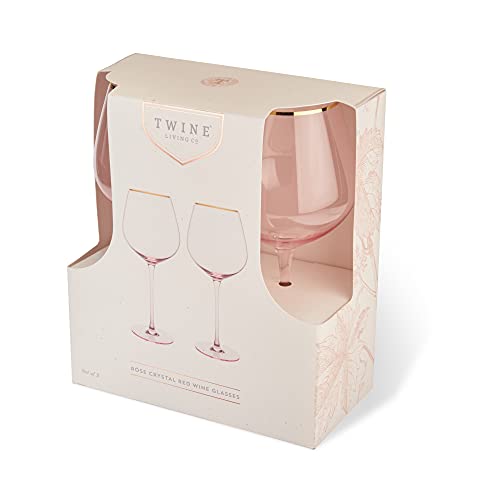 TWINE Rose Red Wine Glasses, Gold Rimmed Pink Tinted Crystal Wine Glass Set, Stemmed Wine Glasses, Set of 2, 20 Ounces