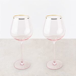 TWINE Rose Red Wine Glasses, Gold Rimmed Pink Tinted Crystal Wine Glass Set, Stemmed Wine Glasses, Set of 2, 20 Ounces