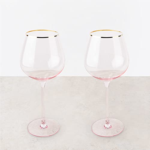 TWINE Rose Red Wine Glasses, Gold Rimmed Pink Tinted Crystal Wine Glass Set, Stemmed Wine Glasses, Set of 2, 20 Ounces