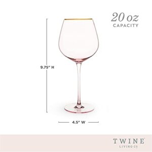 TWINE Rose Red Wine Glasses, Gold Rimmed Pink Tinted Crystal Wine Glass Set, Stemmed Wine Glasses, Set of 2, 20 Ounces