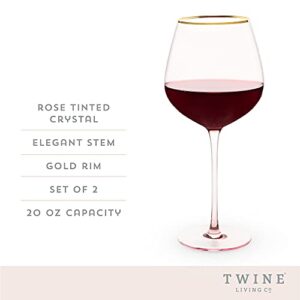 TWINE Rose Red Wine Glasses, Gold Rimmed Pink Tinted Crystal Wine Glass Set, Stemmed Wine Glasses, Set of 2, 20 Ounces