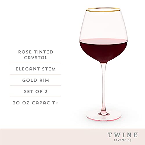 TWINE Rose Red Wine Glasses, Gold Rimmed Pink Tinted Crystal Wine Glass Set, Stemmed Wine Glasses, Set of 2, 20 Ounces