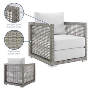 Modway Aura Wicker Rattan Outdoor Patio Arm Chair with Cushions in Gray White