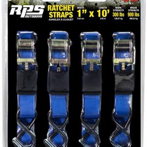 RPS Outdoors TOW-333 Blue 1" x 10' Ratchet Tie Down Straps (900 lb Break Strength), 4-Pack