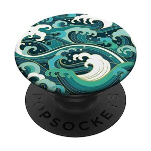 ocean wave surf beach tropical blue teal green japanese art popsockets swappable popgrip
