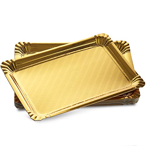 12 Pack Gold Serving Trays, Disposable Rectangle Cookie Tray Sturdy Paper Cardboard. Serving Platters for Dessert Food Safe, Non Toxic. Great for Birthday Party, Wedding, , 9 x 13