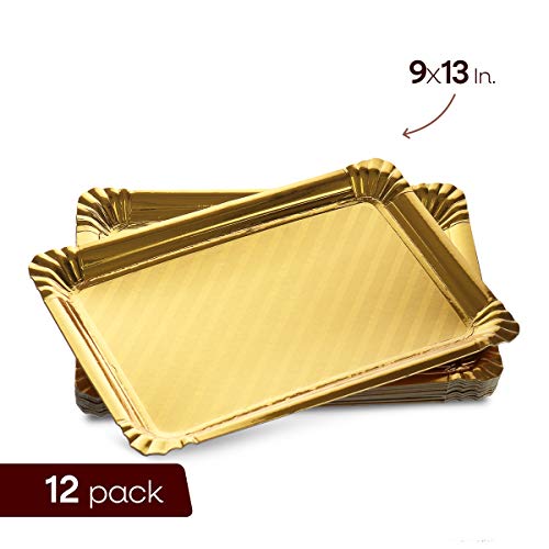 12 Pack Gold Serving Trays, Disposable Rectangle Cookie Tray Sturdy Paper Cardboard. Serving Platters for Dessert Food Safe, Non Toxic. Great for Birthday Party, Wedding, , 9 x 13