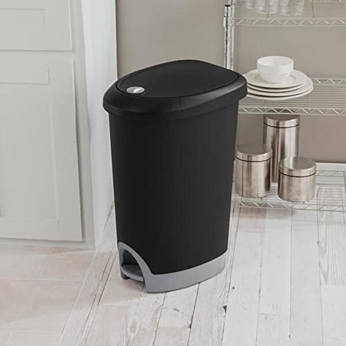 Sterilite 12.6 Gallon Hands Free Home Kitchen Wastebasket Trashcan with Locking Lid and Step On Pedal, Black, 6 Pack