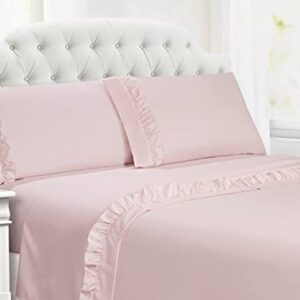 Swift Home Ultra-Soft Elegant 2-inch Ruffled Hem Design on Flat Sheet and Pillowcases, Wrinkle Resistant, Fade Resistant, Deep Pocket, Double Brushed 4-Piece Microfiber Sheet Set - Full, Rose Blush