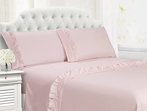 Swift Home Ultra-Soft Elegant 2-inch Ruffled Hem Design on Flat Sheet and Pillowcases, Wrinkle Resistant, Fade Resistant, Deep Pocket, Double Brushed 4-Piece Microfiber Sheet Set - Full, Rose Blush