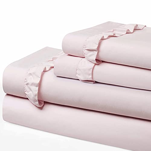 Swift Home Ultra-Soft Elegant 2-inch Ruffled Hem Design on Flat Sheet and Pillowcases, Wrinkle Resistant, Fade Resistant, Deep Pocket, Double Brushed 4-Piece Microfiber Sheet Set - Full, Rose Blush