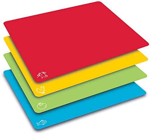 Extra Thick Flexible Plastic Cutting Board Mats, Set of 4, Color Coded with Food Icons, Waffle Back Grip Underside by Better Kitchen Products