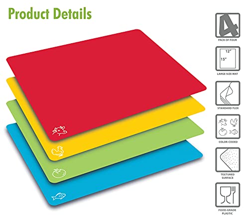 Extra Thick Flexible Plastic Cutting Board Mats, Set of 4, Color Coded with Food Icons, Waffle Back Grip Underside by Better Kitchen Products