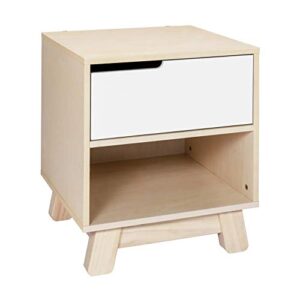 babyletto hudson nightstand with usb port in washed natural and white, 1 drawer and storage cubby