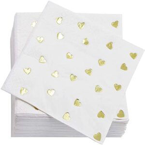 valentine's paper napkins for party supplies (white, gold foil, 5 in, 50 pack)