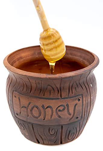 Honey Jar with a Dipper 16oz. Ceramic Honey Pot Made Out of Solid Clay Piece. Honey Container, and a Great Rustic Bowl for Gift (Brown) - Ceramic Beehive Honey Pot with Dipper.