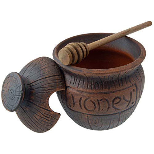 Honey Jar with a Dipper 16oz. Ceramic Honey Pot Made Out of Solid Clay Piece. Honey Container, and a Great Rustic Bowl for Gift (Brown) - Ceramic Beehive Honey Pot with Dipper.