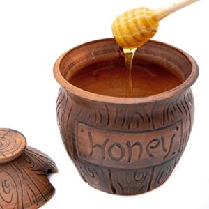 Honey Jar with a Dipper 16oz. Ceramic Honey Pot Made Out of Solid Clay Piece. Honey Container, and a Great Rustic Bowl for Gift (Brown) - Ceramic Beehive Honey Pot with Dipper.