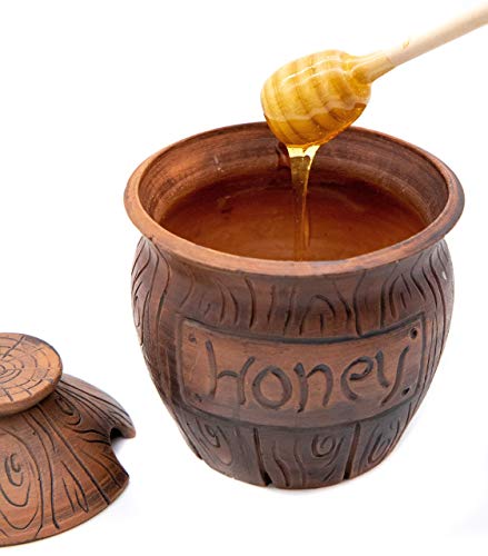 Honey Jar with a Dipper 16oz. Ceramic Honey Pot Made Out of Solid Clay Piece. Honey Container, and a Great Rustic Bowl for Gift (Brown) - Ceramic Beehive Honey Pot with Dipper.