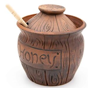 Honey Jar with a Dipper 16oz. Ceramic Honey Pot Made Out of Solid Clay Piece. Honey Container, and a Great Rustic Bowl for Gift (Brown) - Ceramic Beehive Honey Pot with Dipper.