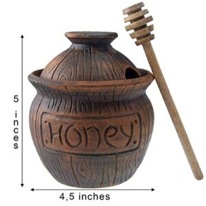 Honey Jar with a Dipper 16oz. Ceramic Honey Pot Made Out of Solid Clay Piece. Honey Container, and a Great Rustic Bowl for Gift (Brown) - Ceramic Beehive Honey Pot with Dipper.