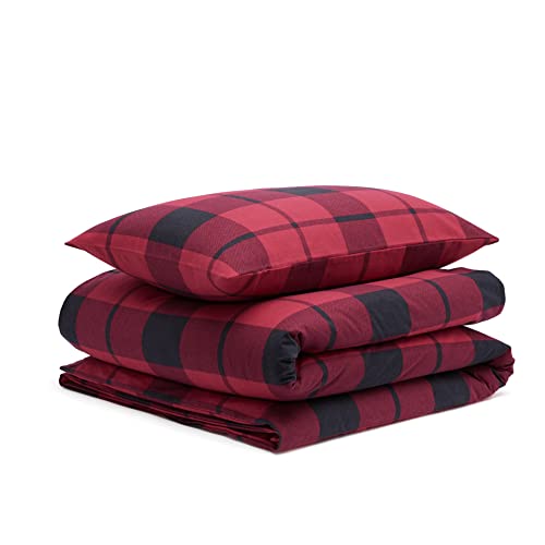 AmazonBasics Flannel Duvet Cover Set - 135 x 200 cm / 50 x 80 cm x 1, Red Plaid