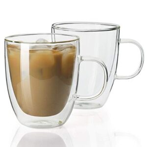 sweese double wall glass coffee mugs - 12.5 oz insulated clear coffee mugs set of 2, perfect for espresso, cappuccino, latte, americano, tea bag, beverage (413.101)