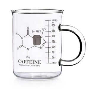 caffeine beaker mug, caffeine molecule mug - chemistry mug 16 oz borosilicate glass coffee mugs with handle and measuring for coffee, latte, tea or hot and cold beverage, tea coffee mug by amugo