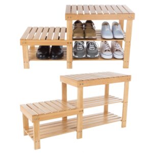 Lavish Home Bamboo Shoe Rack Bench with 2 Tiers of Shelves and 2 Seat Heights-Seat Storage and Organization-For Bedroom, Entryway, Hallway, Closets