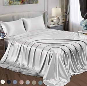 satin radiance soft satin silk sheets solid color deep pocket twin size satin bed sheet set cooling and soft fitted satin bedding + satin pillowcase(s) durable, breathable, silver, grey, 3-piece