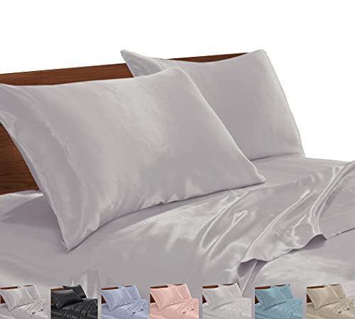 Satin Radiance Soft Satin Silk Sheets Solid Color Deep Pocket Twin Size Satin Bed Sheet Set Cooling And Soft Fitted Satin Bedding + Satin Pillowcase(s) Durable, Breathable, Silver, Grey, 3-piece