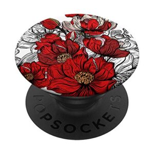 red and black peony floral print popsockets popgrip: swappable grip for phones & tablets