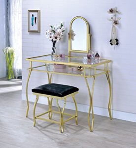 furniture of america hellens modern metal 3-piece vanity set, glass top 1-shelf table, adjustable mirror and padded stool for bedroom, champagne gold