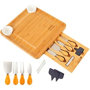 maxmoxie bamboo cheese board and cutlery set, wooden kitchen charcuterie board, cheese tray serving platter, unique gift for families