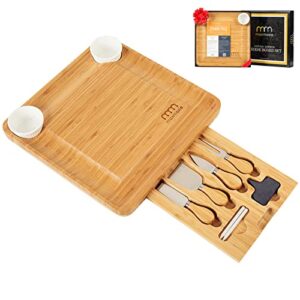 MaxMoxie Bamboo Cheese Board and Cutlery Set, Wooden Kitchen Charcuterie Board, Cheese Tray Serving Platter, Unique Gift for Families