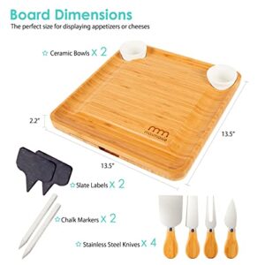 MaxMoxie Bamboo Cheese Board and Cutlery Set, Wooden Kitchen Charcuterie Board, Cheese Tray Serving Platter, Unique Gift for Families