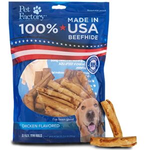 pet factory 100% made in usa beefhide 3-3.5" mini rolls dog chew treats - chicken flavor, 35 count/1 pack