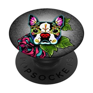 boston terrier in black - day of the dead sugar skull dog popsockets popgrip: swappable grip for phones & tablets