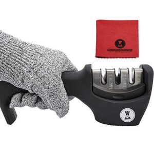 knife sharpeners for steel and ceramic kitchen knives - manual handheld system to safely sharpen and hone your knife - includes cut resistant glove and blade cloth (black)
