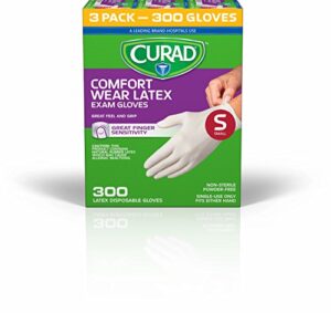 curad comfort wear latex, vinyl exam gloves, small (pack of 300)