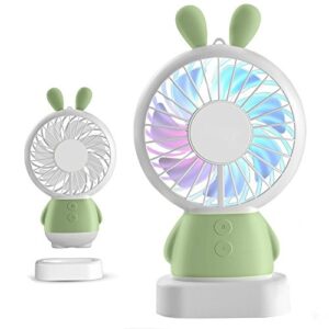 portable fan handheld, personal fans small handheld, mini cooling fan multi-color led light linglong rabbit fan standable hanging fan gifts for home travel indoor outdoor baby kids (green rabbit)