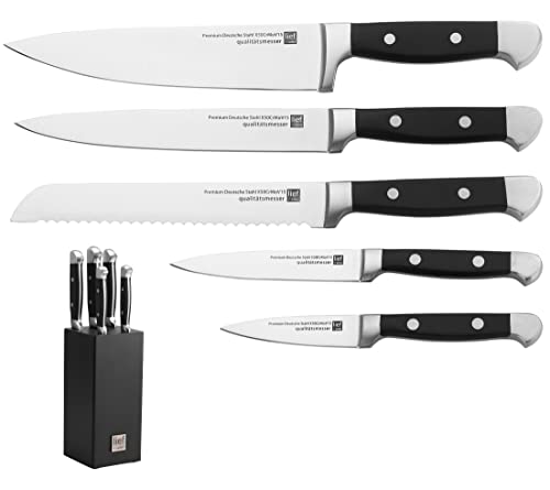 LIEF+SVEIN Brand German Steel Knife Block Set, 5-Piece Kitchen Knife Set with block. German Stainless 1.4116 Steel. Unique Kitchen Knives. Ideal Modern Décor Black knife sets with block.