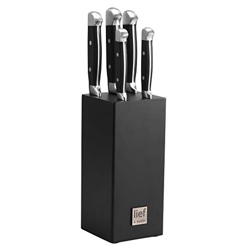 LIEF+SVEIN Brand German Steel Knife Block Set, 5-Piece Kitchen Knife Set with block. German Stainless 1.4116 Steel. Unique Kitchen Knives. Ideal Modern Décor Black knife sets with block.